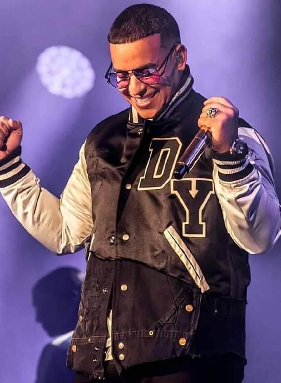 Harpoon Daddy Yankee Inspired Black and White Wool and Faux Leather Varsity Jacket