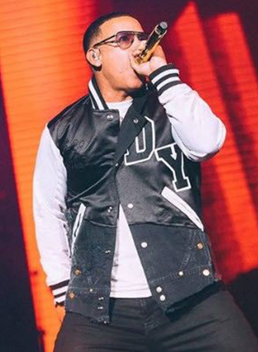 Harpoon Daddy Yankee Inspired Black and White Wool and Faux Leather Varsity Jacket