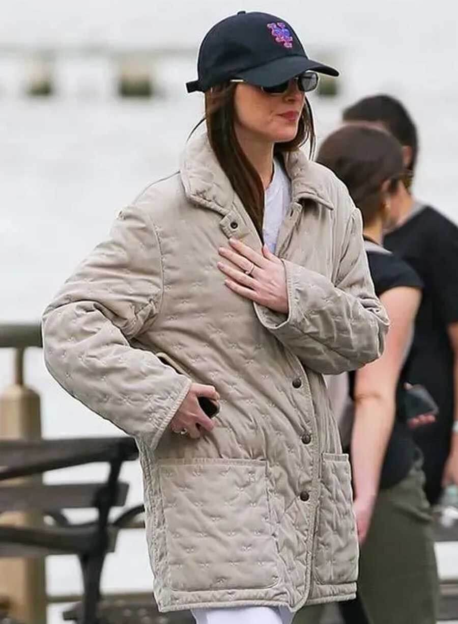 Harpoon Lucy Inspired Beige Fabric Leather Jacket - Materialists 2025 Style