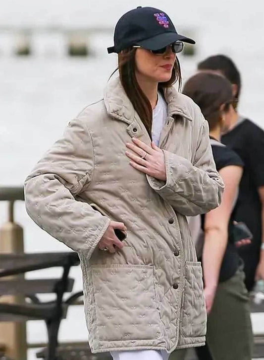 Harpoon Lucy Inspired Beige Fabric Leather Jacket - Materialists 2025 Style