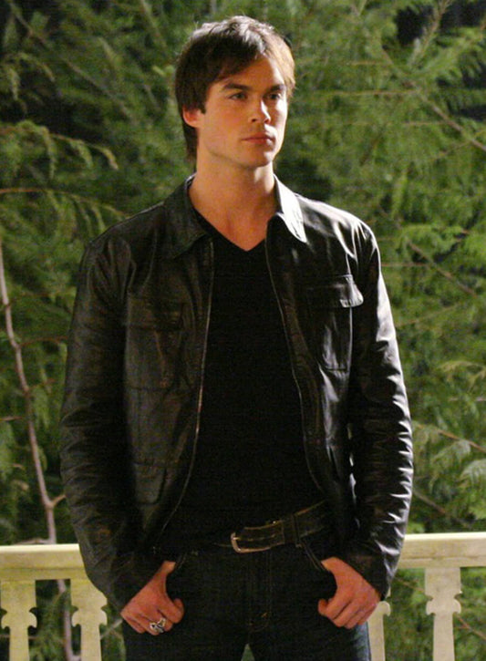 Harpoon Damon Salvatore Inspired Black Leather Jacket - Vampire Diaries S01 Style