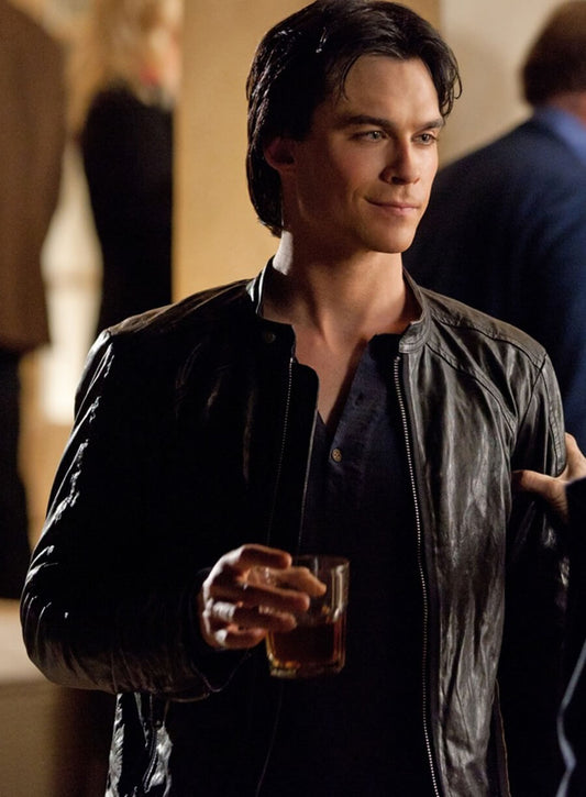 Harpoon Damon Salvatore Inspired Black Leather Jacket - Vampire Diaries S03 Style