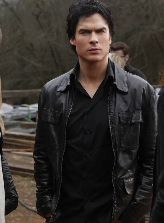 Harpoon Damon Salvatore Inspired Black Leather Jacket - Vampire Diaries S03 Style