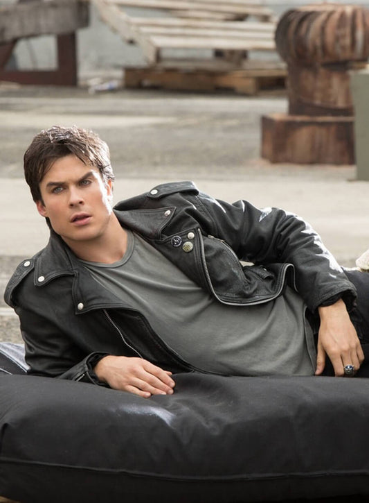 Harpoon Damon Salvatore Inspired Black Biker Jacket - Vampire Diaries S04 Style