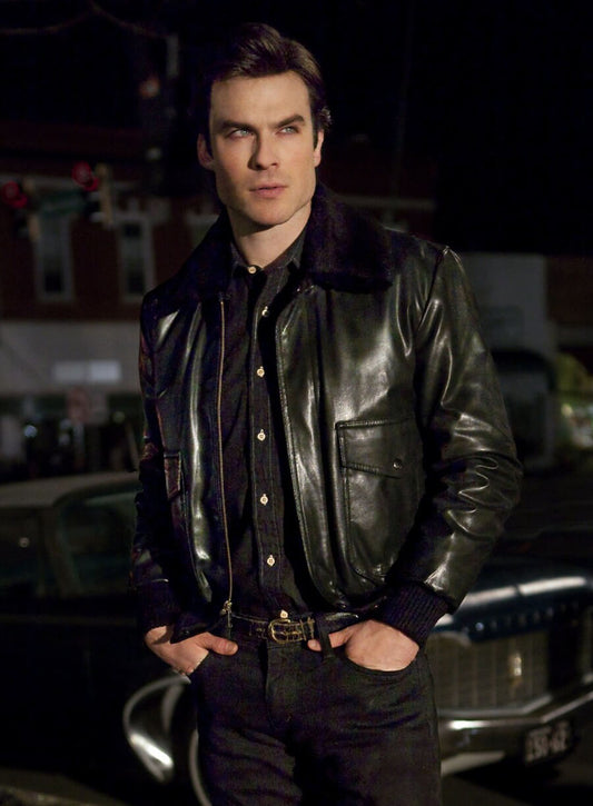 Harpoon Damon Salvatore Inspired Black Leather Jacket - Vampire Diaries S05 Style