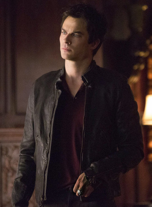 Harpoon Damon Salvatore Inspired Black Leather Jacket - Vampire Diaries S05 Style