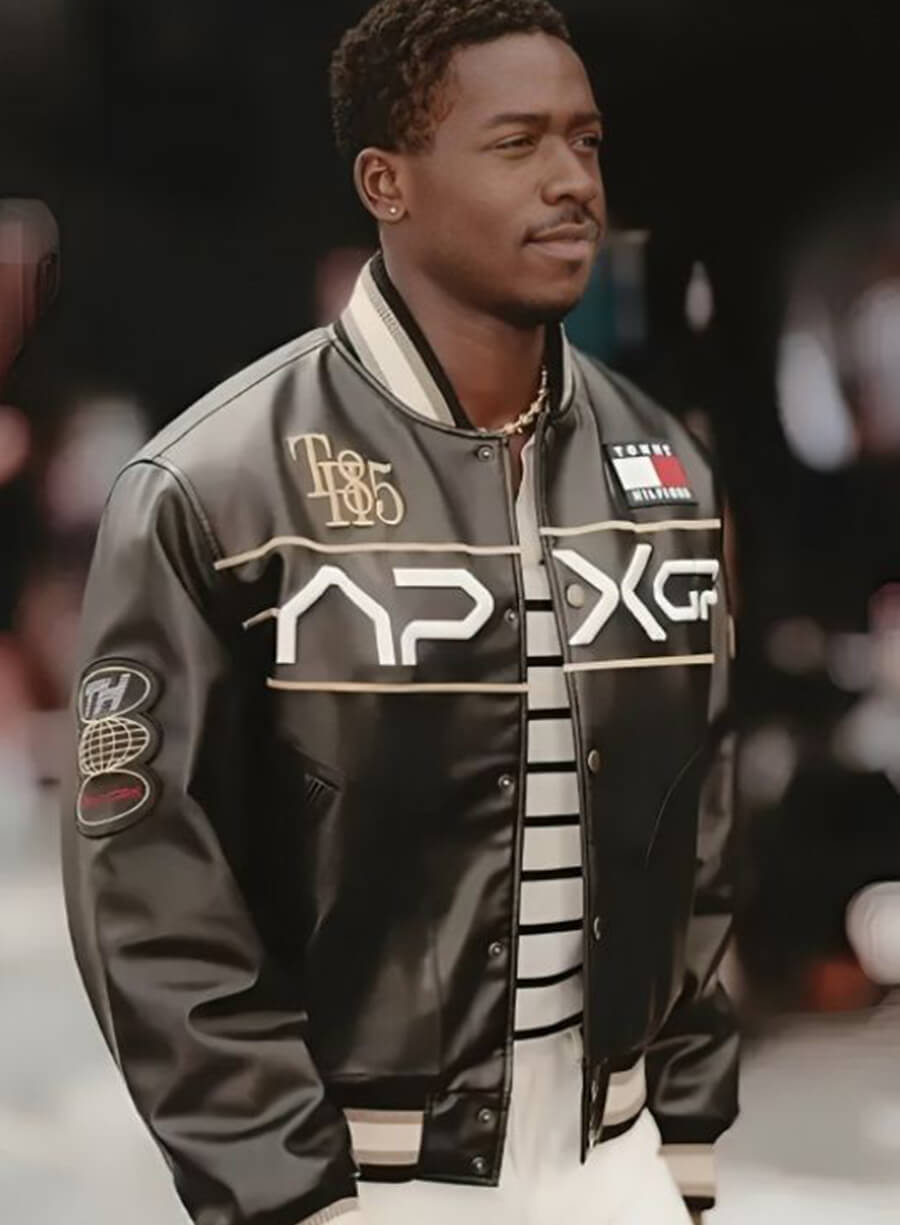 Harpoon Damson Idris Inspired Black Varsity Jacket - APXGP Style