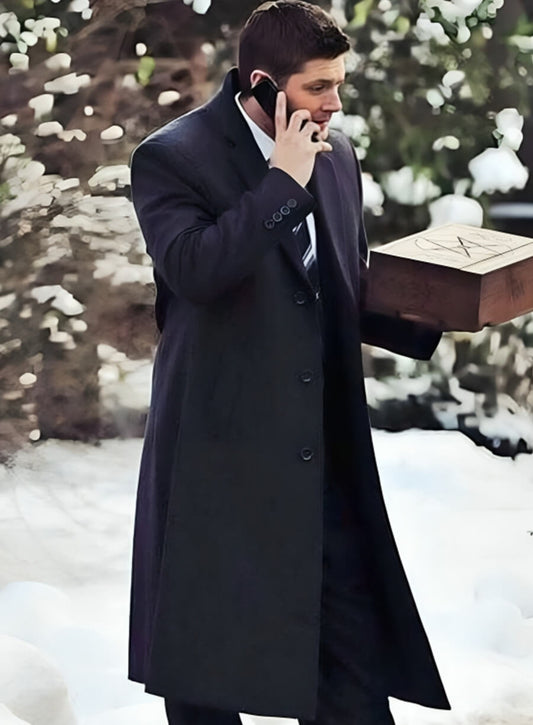 Harpoon Dean Winchester Inspired Black Wool Fabric Coat - Supernatural Tv Series Style