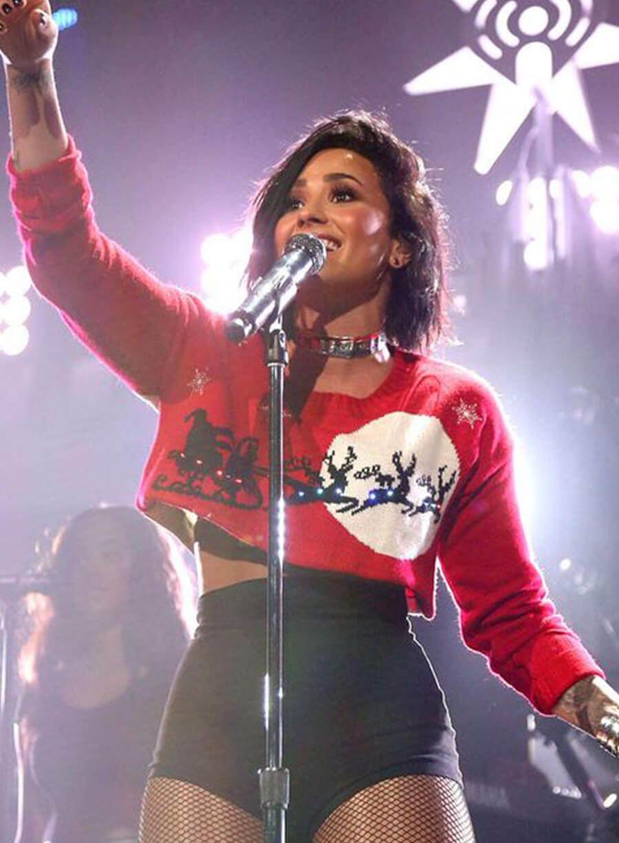 Harpoon Demi Lovato Inspired Red Fleece Fabric Leather Jacket