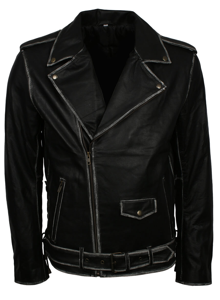 Harpoon Distressed Belted Real Inspired Black Biker Jacket