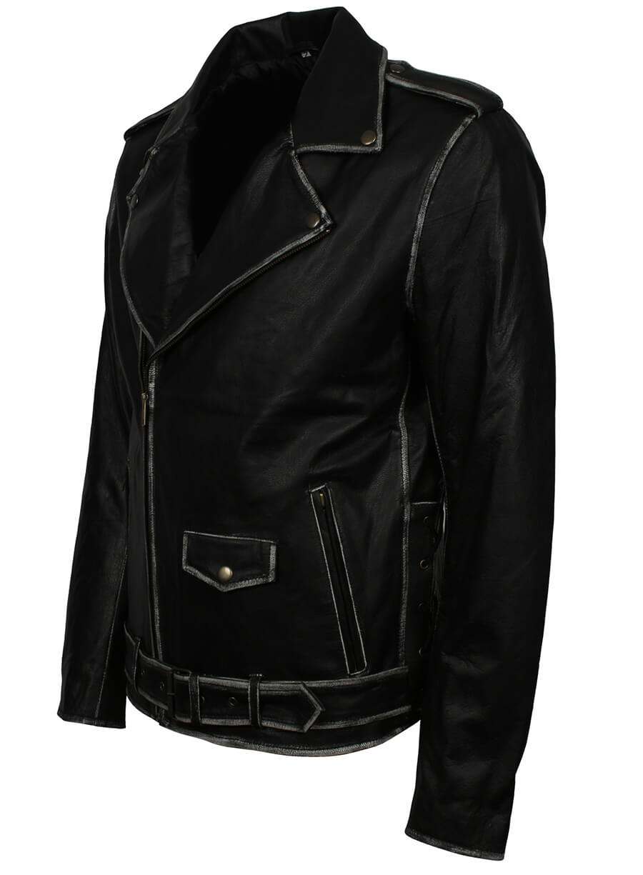 Harpoon Distressed Belted Real Inspired Black Biker Jacket