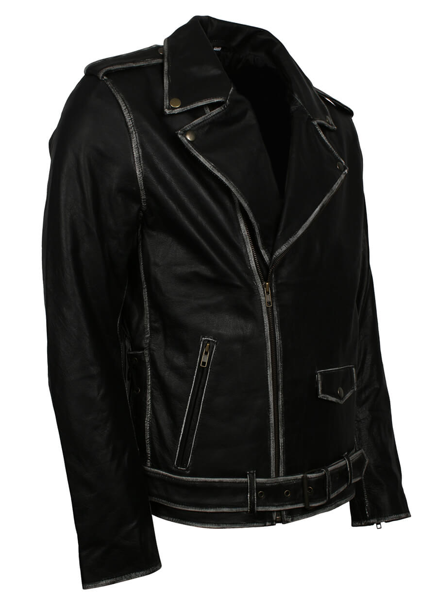 Harpoon Distressed Belted Real Inspired Black Biker Jacket