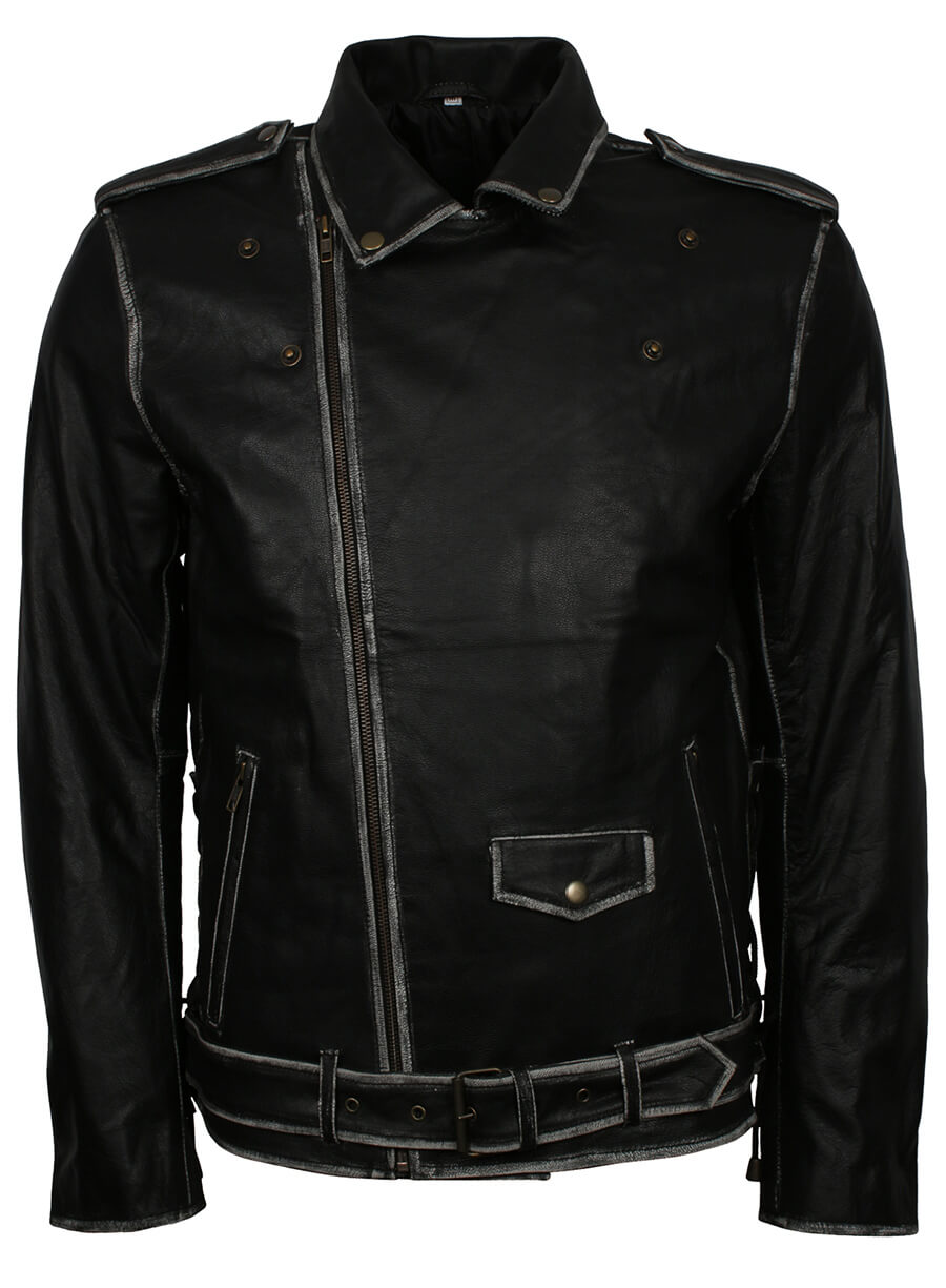 Harpoon Distressed Belted Real Inspired Black Biker Jacket