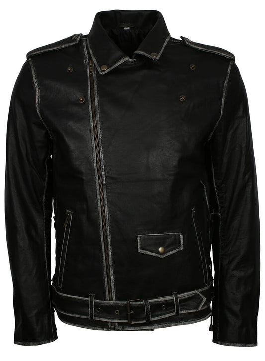 Harpoon Distressed Belted Real Inspired Black Biker Jacket