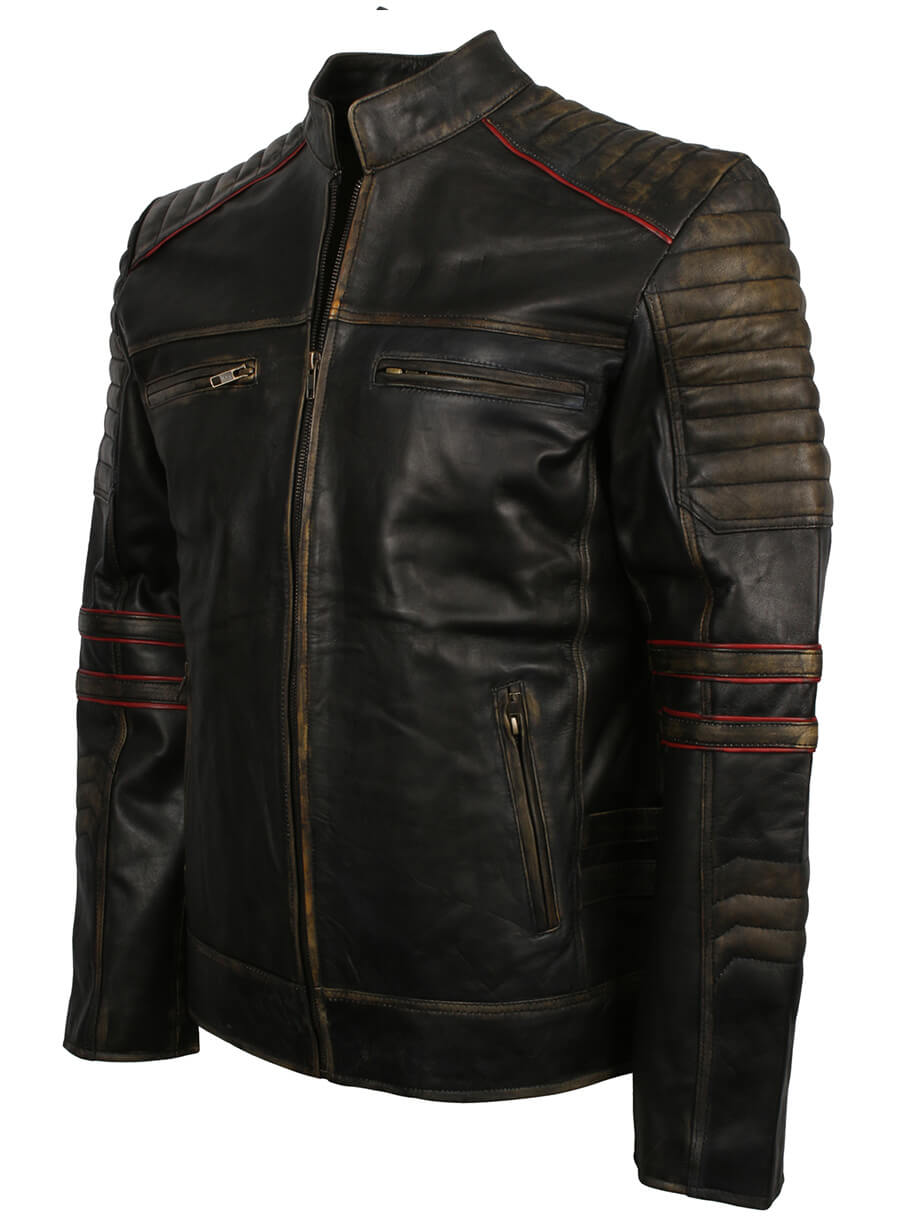Harpoon Distressed Quilted Retro Inspired Black Biker Jacket