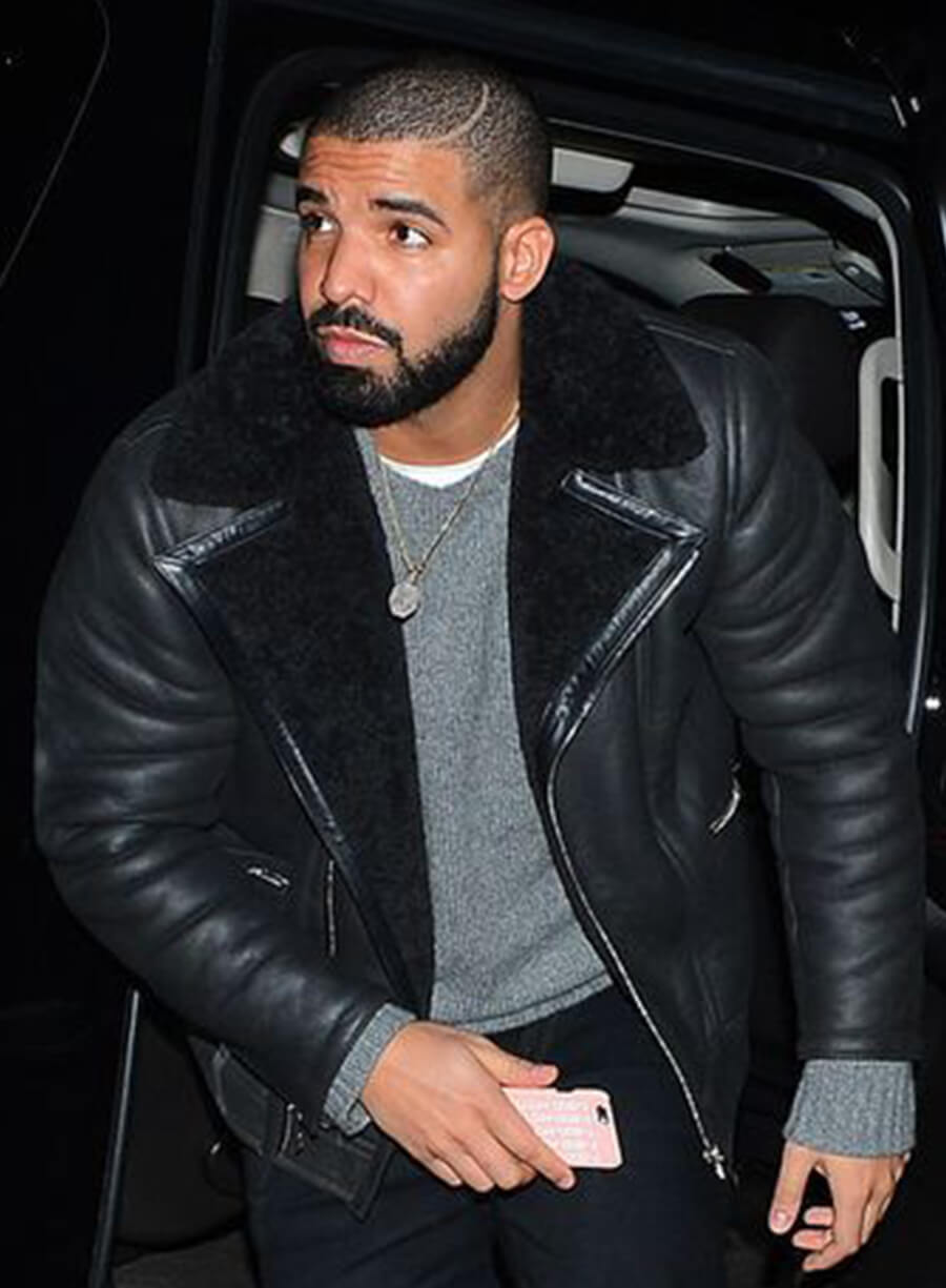 Harpoon Drake Shearling Inspired Black Leather Jacket - Aubrey Drake Graham Style