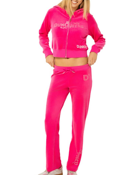 Harpoon Dunkin DunQueens Pink Tracksuit Inspired Pink Velvet Fabric Hooded Jacket