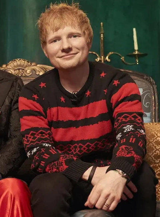 Harpoon Ed Sheeran Christmas Sweater Inspired Black & Red Fleece Fabric Leather Jacket