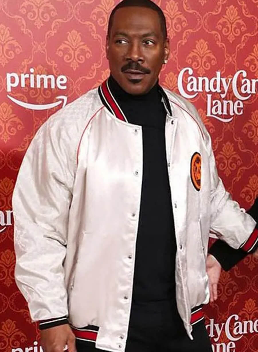 Harpoon Randy Watson Inspired White Satin Fabric Bomber Jacket - Candy Cane Lane Style