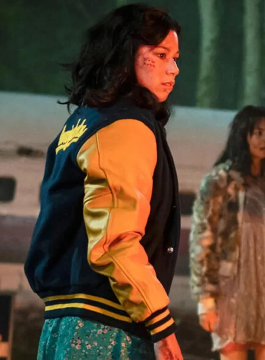 Harpoon Jackie Inspired Blue and Yellow Leather Jacket - Yellowjackets Style