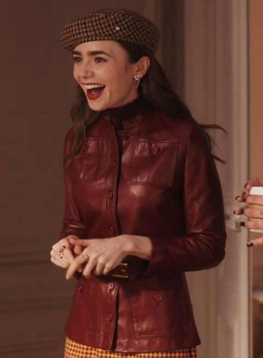 Harpoon Emily Cooper Inspired Maroon Leather Jacket - Emily in Paris Style