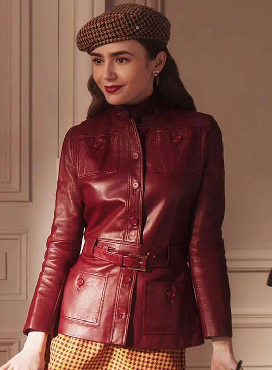 Harpoon Emily Cooper Inspired Maroon Leather Jacket - Emily in Paris Style