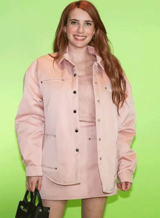Harpoon Emma Roberts NYC Inspired Pink Satin Fabric Leather Jacket
