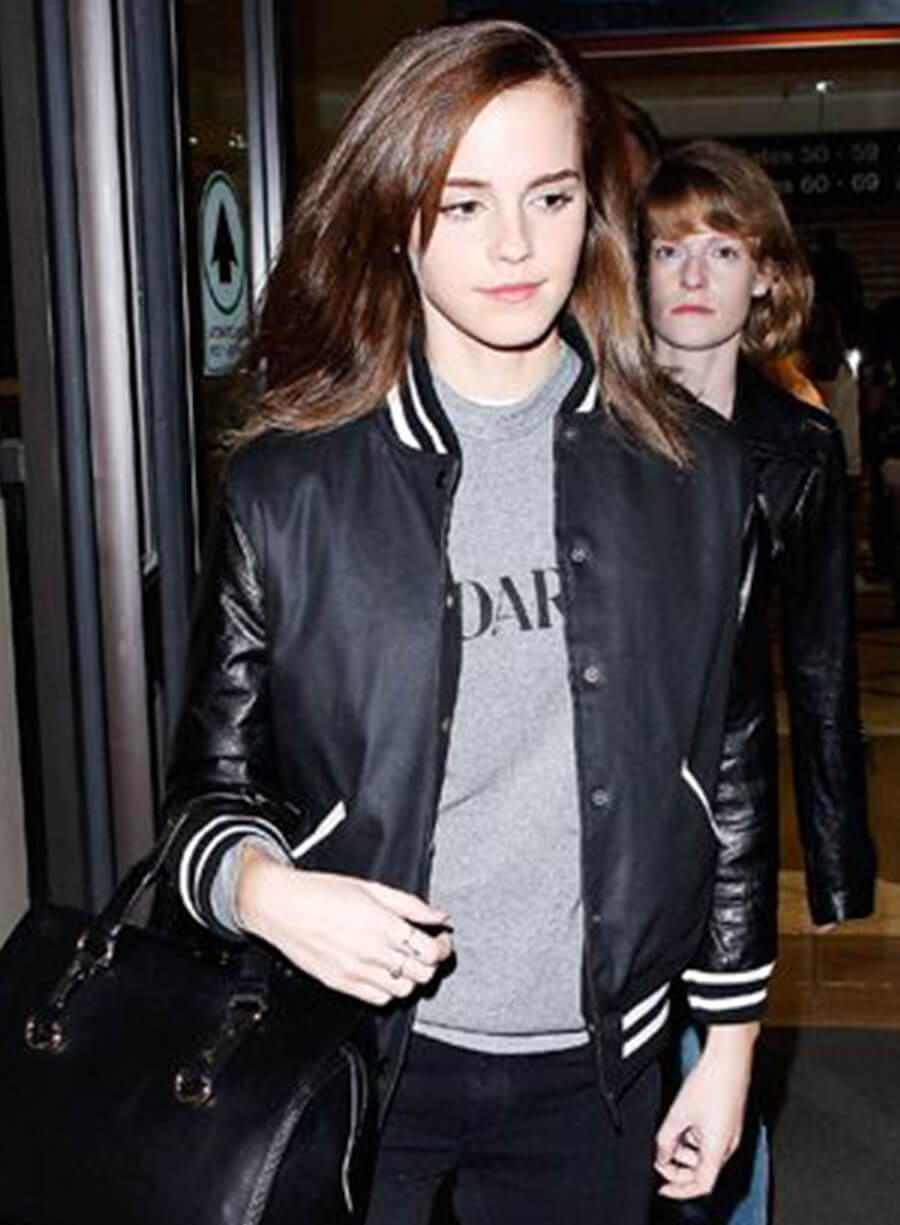 Harpoon Emma Watson Inspired Black Wool with Leather Sleeves Bomber Jacket