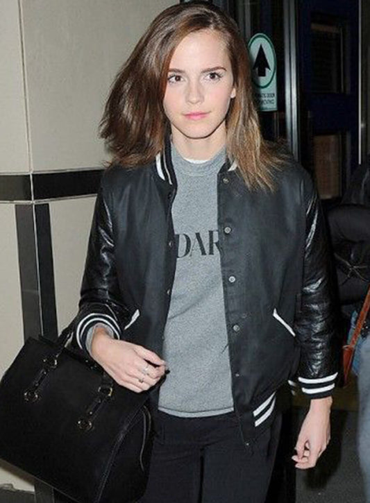 Harpoon Emma Watson Inspired Black Wool with Leather Sleeves Bomber Jacket