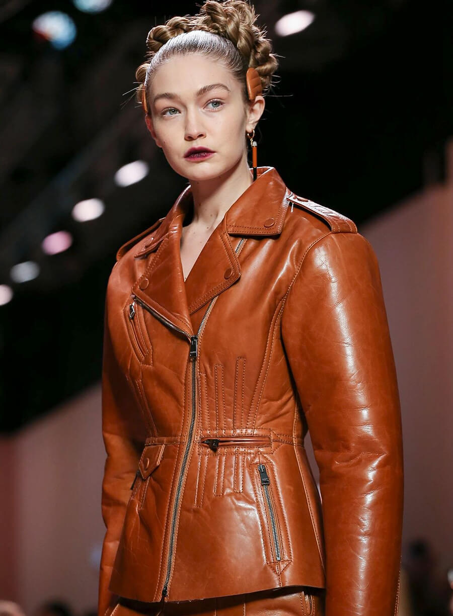 Harpoon Gigi Hadid Fendi Fashion Show Inspired Brown Leather Jacket