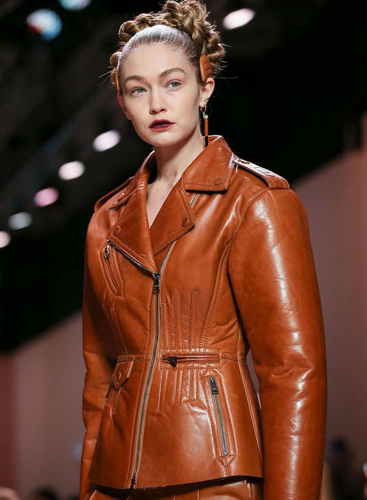 Harpoon Gigi Hadid Fendi Fashion Show Inspired Brown Leather Jacket