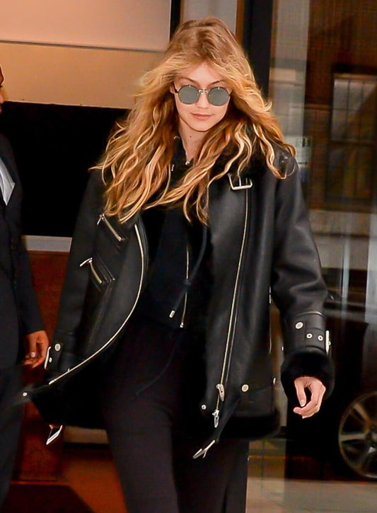 Harpoon Gigi Hadid Motorcycle Shearling Inspired Black Biker Jacket
