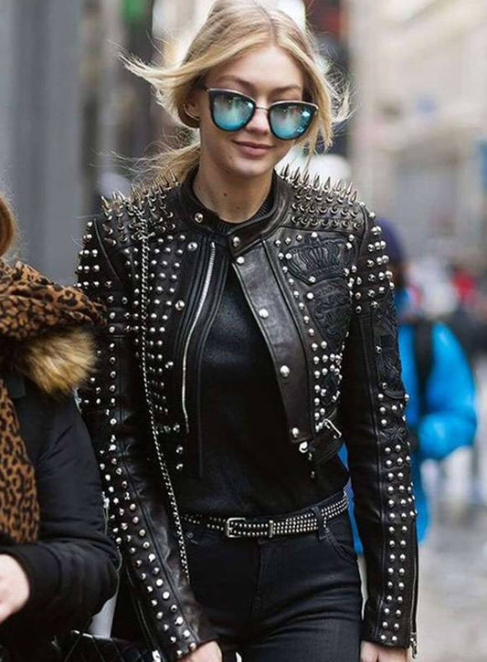 Harpoon Gigi Hadid Studded Inspired Black Leather Jacket