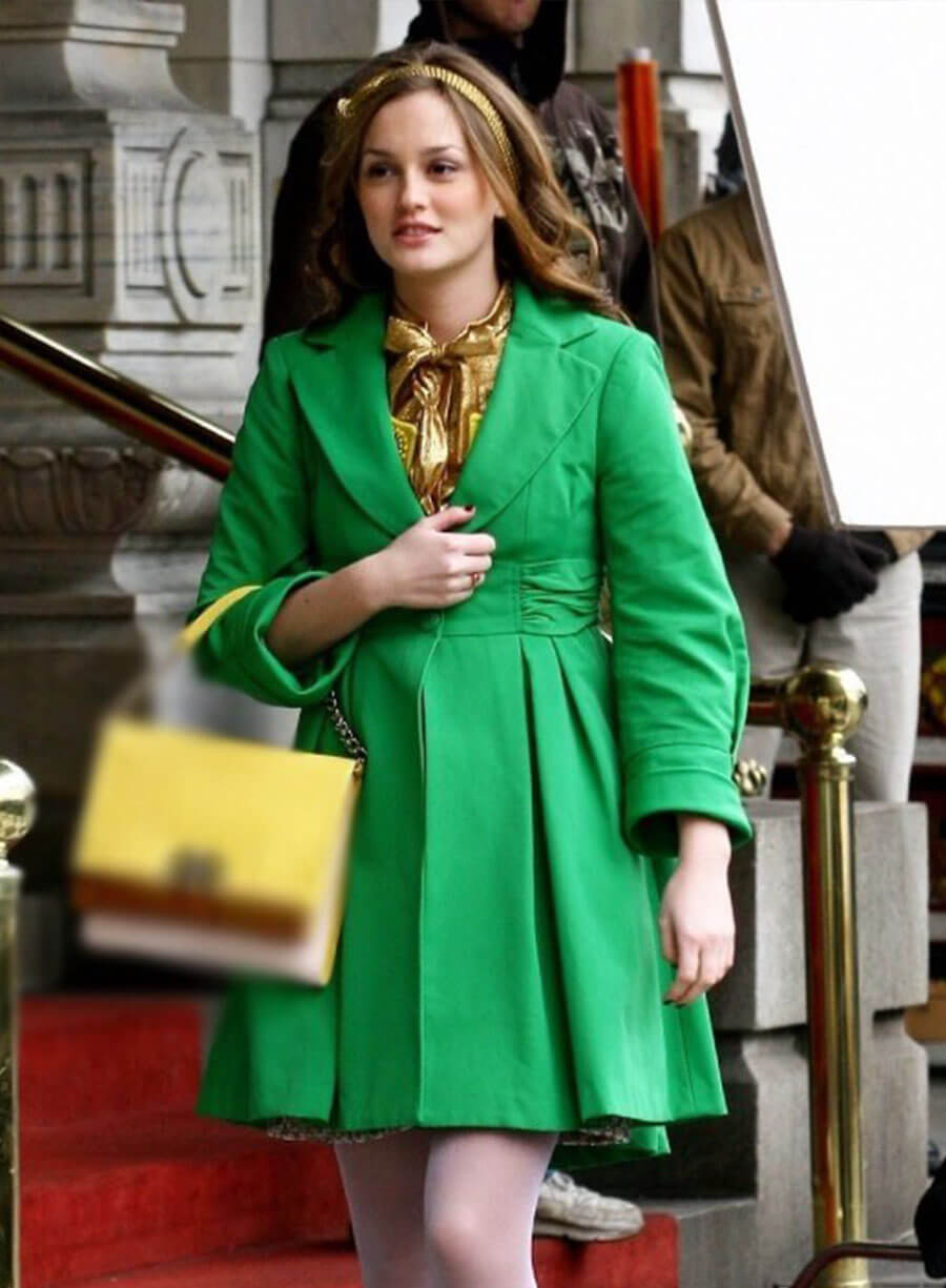 Harpoon Leighton Meester Inspired Green Cotton Fabric Coat - Gossip Girl Tv Series Style