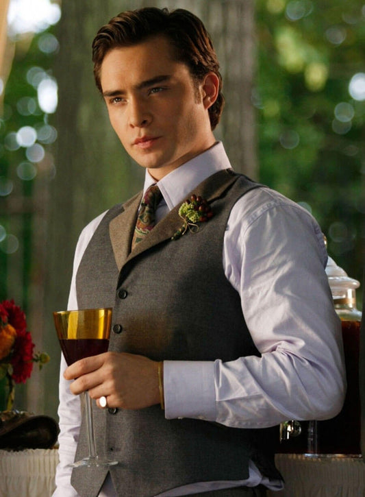 Harpoon Ed WestWick Inspired Grey Plan Fabric Leather Jacket - Gossip Girl Tv Series Style