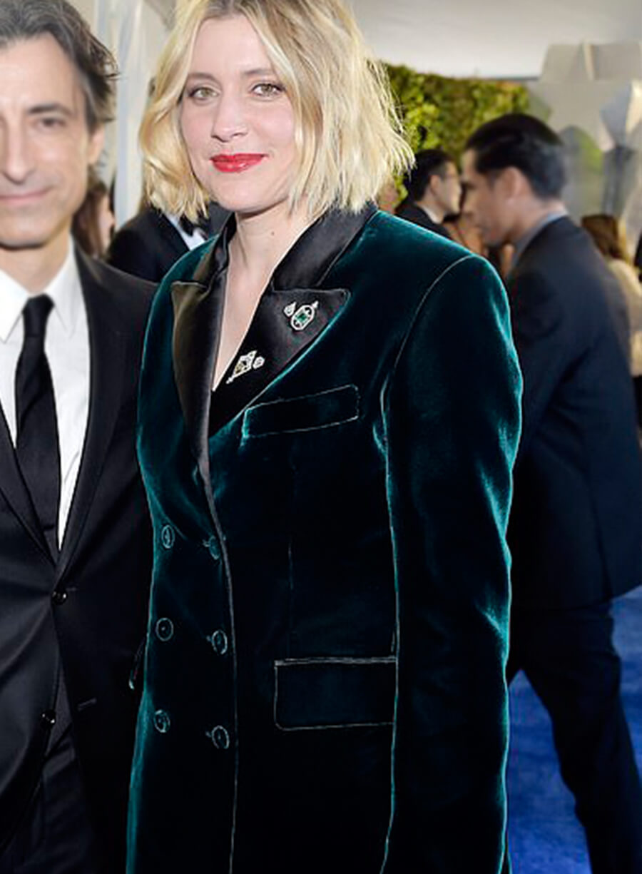 Harpoon Greta Gerwig Teal Velvet Blazer Inspired Black Leather Jacket