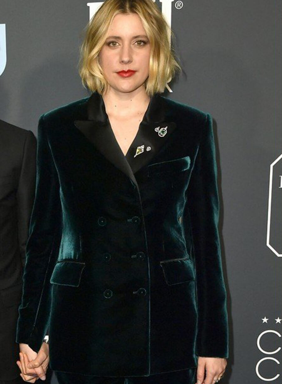 Harpoon Greta Gerwig Teal Velvet Blazer Inspired Black Leather Jacket