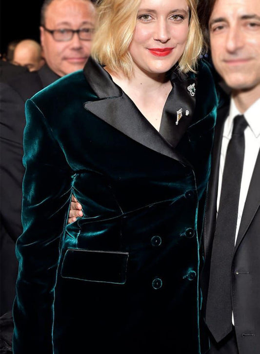 Harpoon Greta Gerwig Teal Velvet Blazer Inspired Black Leather Jacket