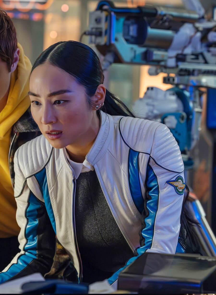 Harpoon Eve Kim Inspired Blue and White Leather Jacket - Tron Ares 2025 Style