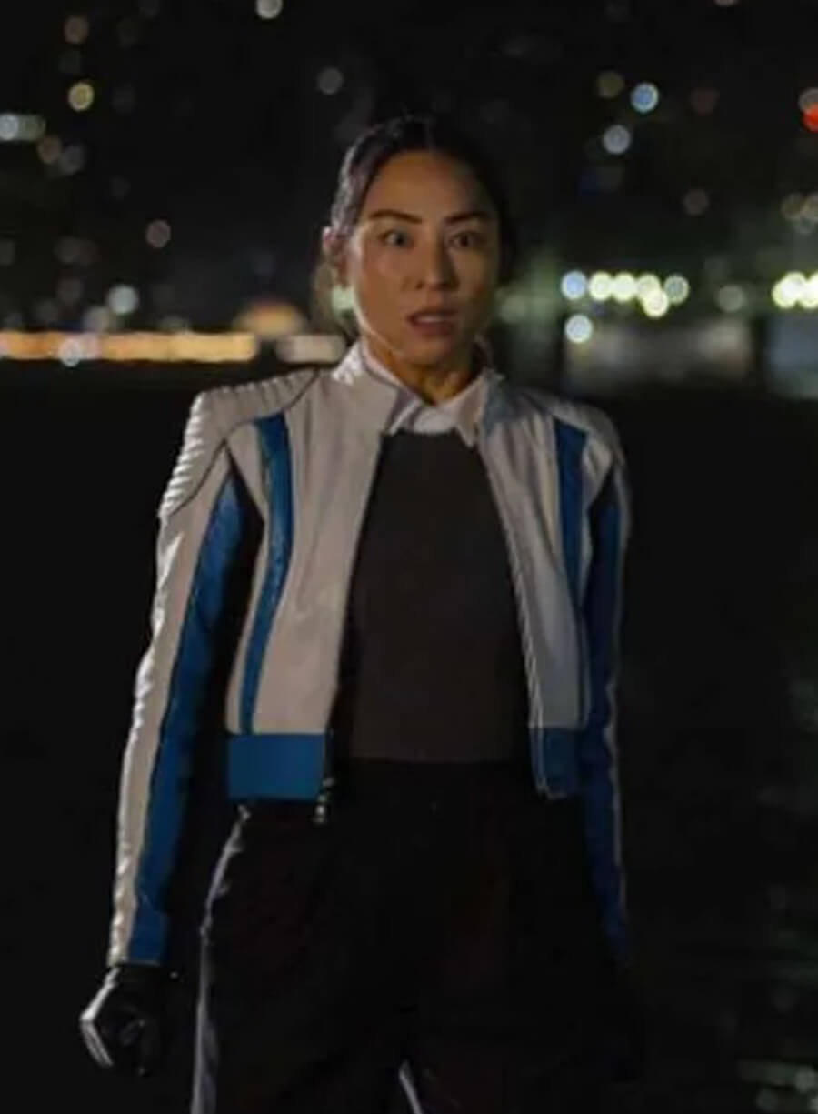Harpoon Eve Kim Inspired Blue and White Leather Jacket - Tron Ares 2025 Style