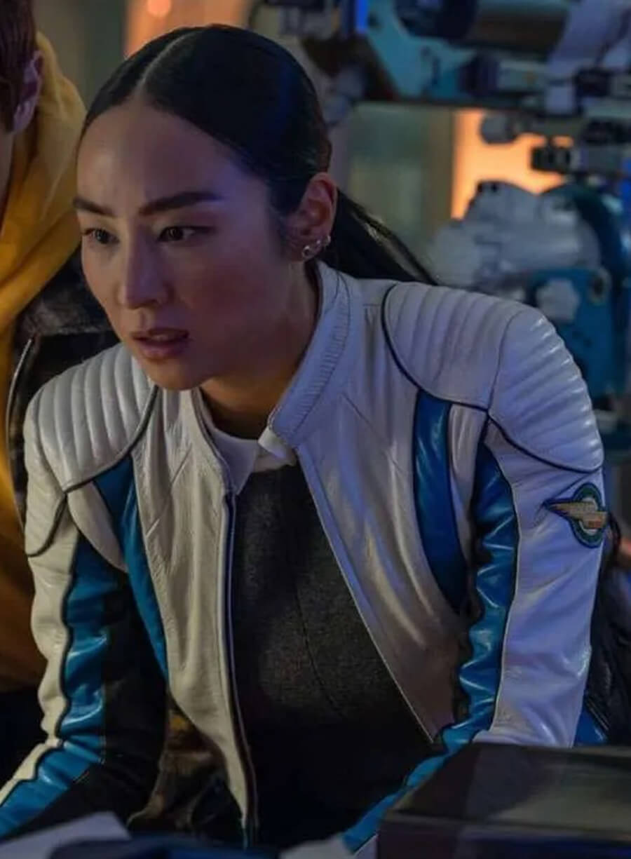Harpoon Eve Kim Inspired Blue and White Leather Jacket - Tron Ares 2025 Style
