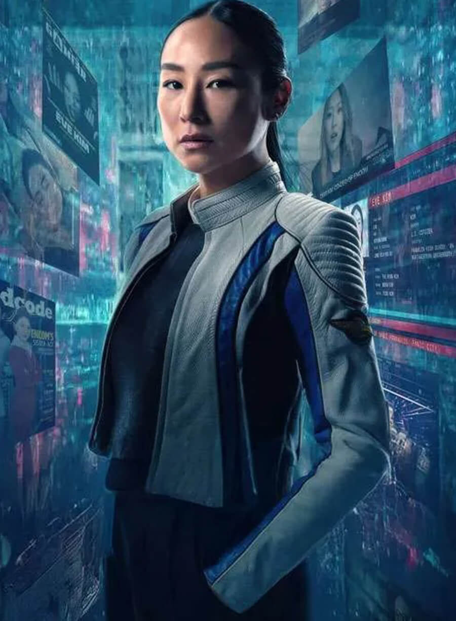 Harpoon Eve Kim Inspired Blue and White Leather Jacket - Tron Ares 2025 Style