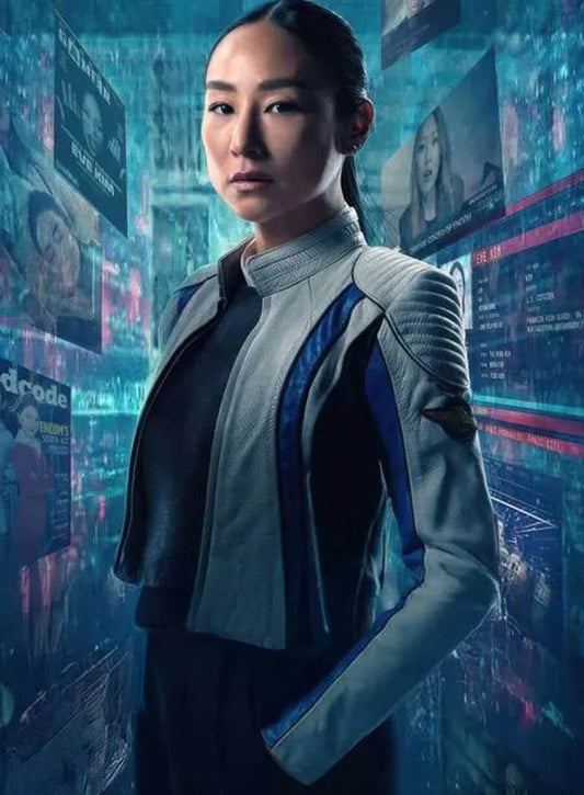 Harpoon Eve Kim Inspired Blue and White Leather Jacket - Tron Ares 2025 Style