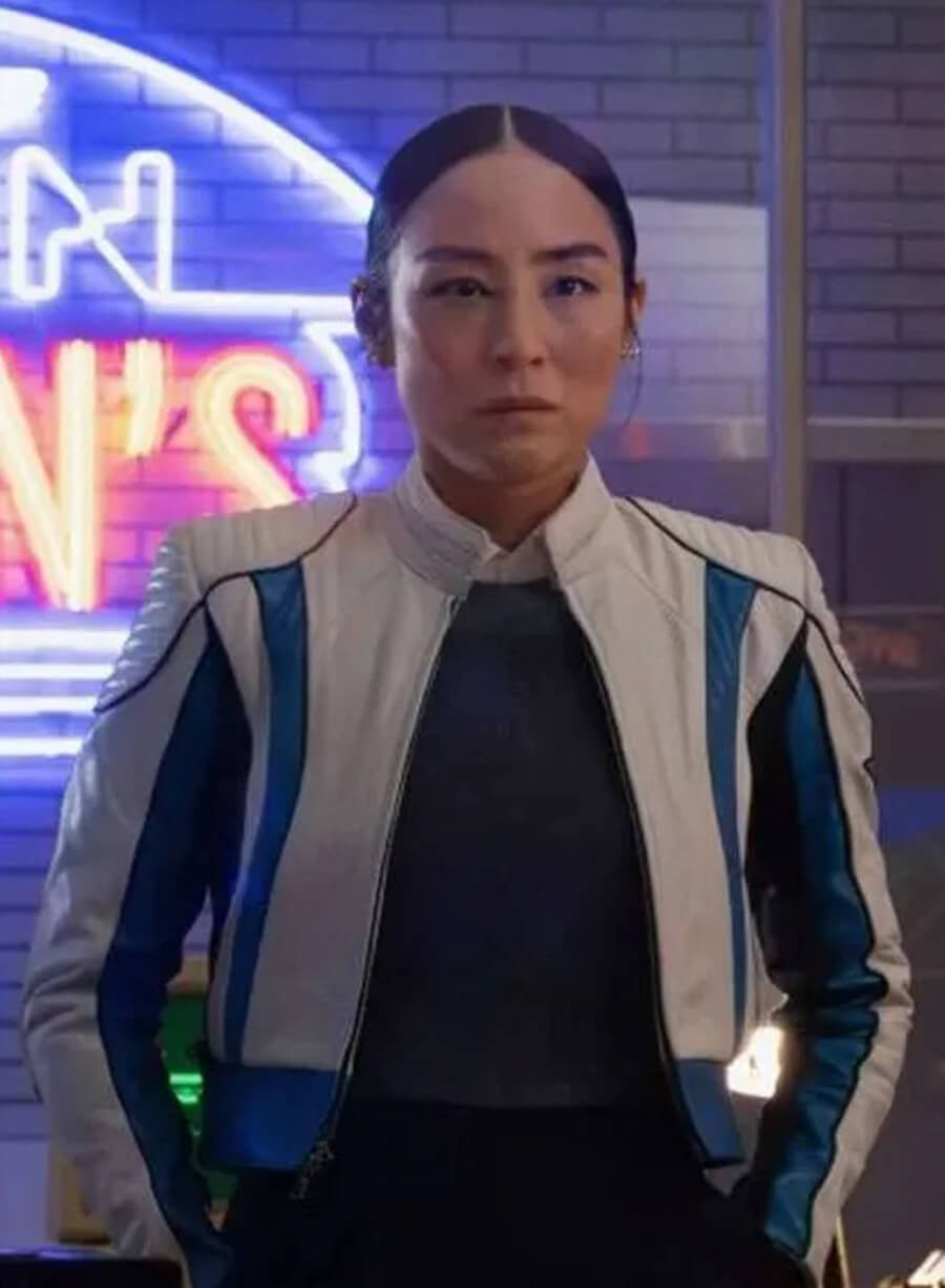 Harpoon Eve Kim Inspired Blue and White Leather Jacket - Tron Ares 2025 Style
