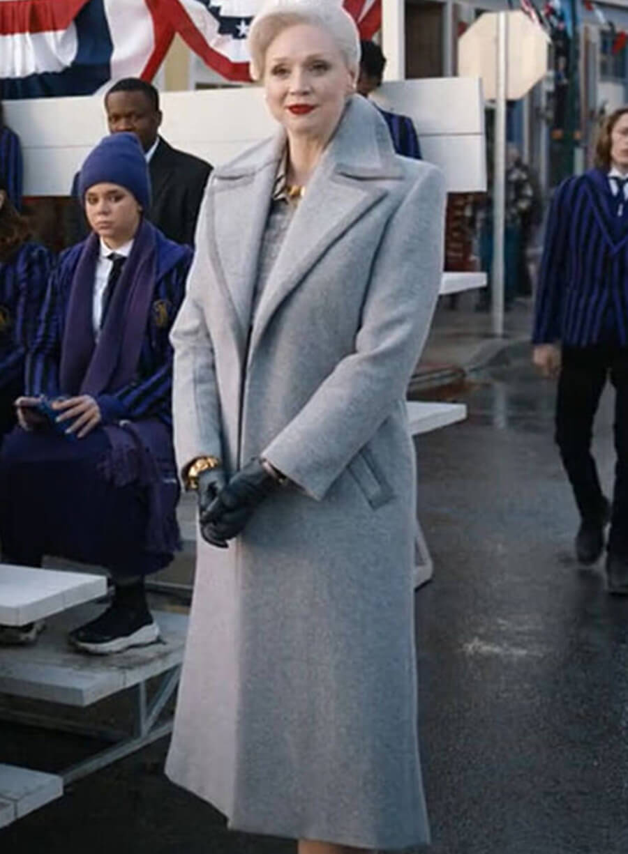 Harpoon Larissa Weems Inspired Grey Wool Fabric Coat - Wednesday Style