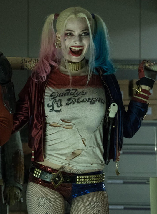 Harpoon Harley Quinn Inspired Blue & Red Satin Leather Jacket - The Suicide Squad Style