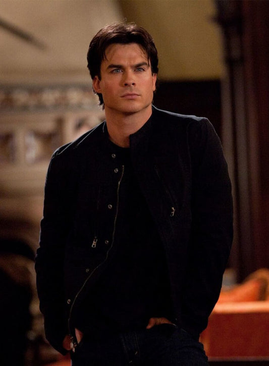 Harpoon Damon Salvatore Inspired Black Leather Jacket - Vampire Diaries S02 Style