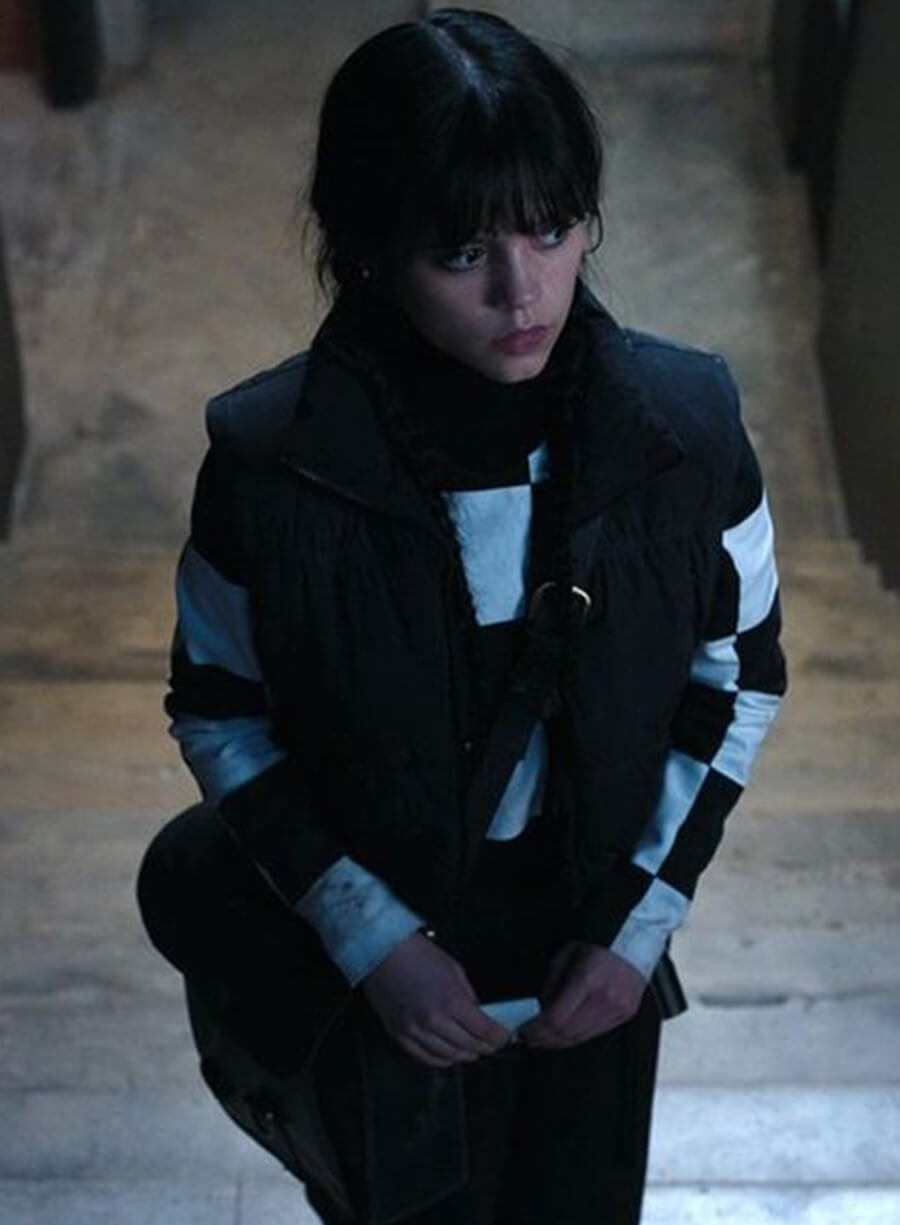Harpoon Wednesday Adams Inspired Black Parachute Fabric Leather Jacket