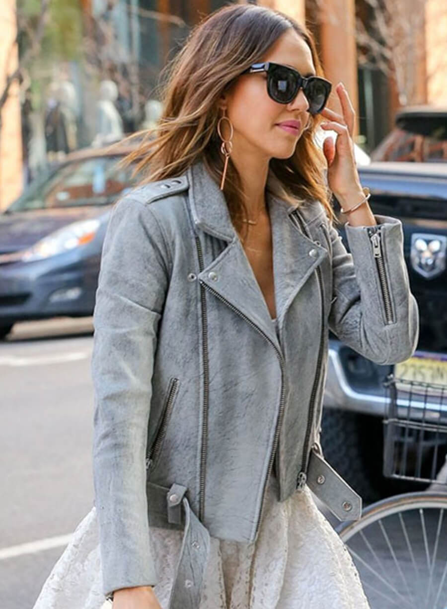Harpoon Jessica Alba Inspired Grey Leather Jacket