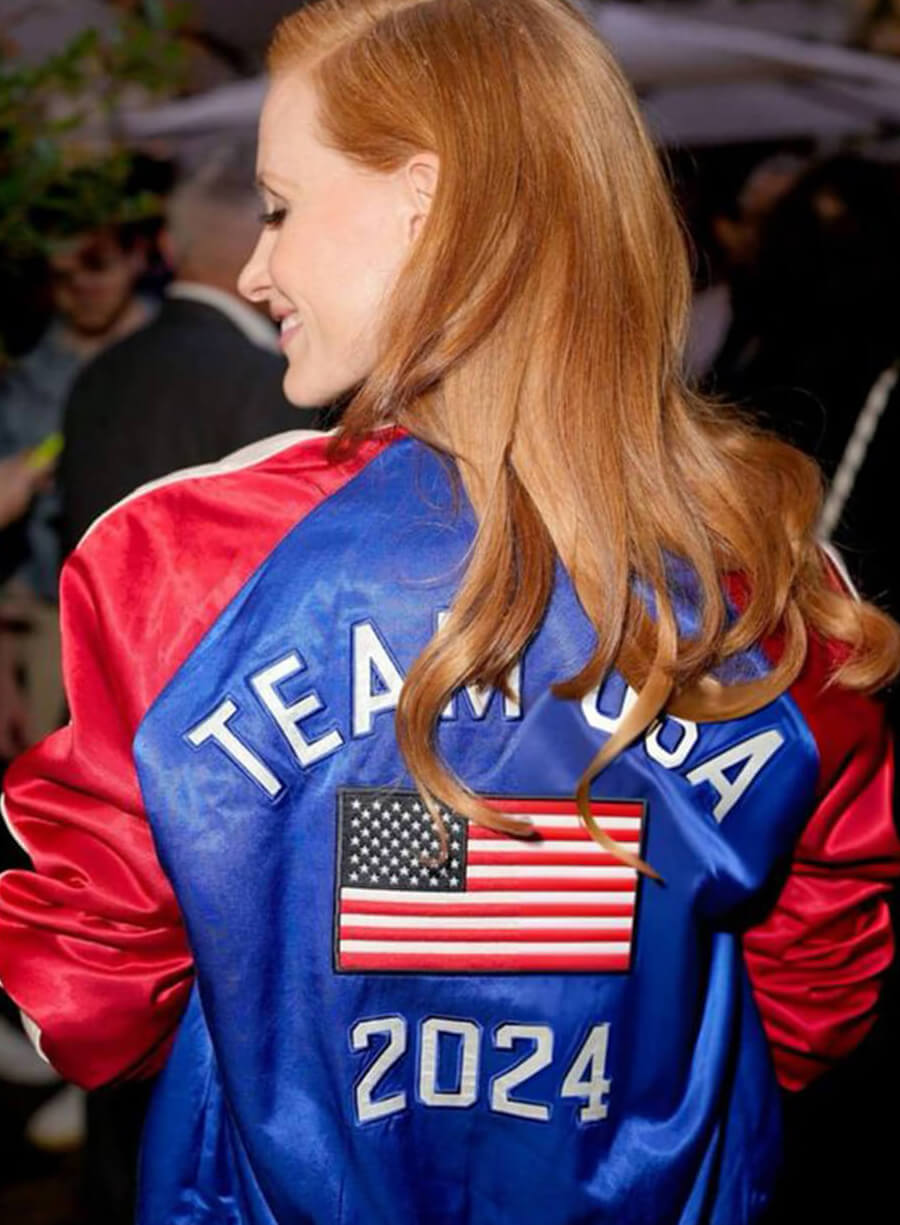 Harpoon Jessica Chastain Paris Olympics Satin Inspired Multi-Color Satin Fabric Leather Jacket